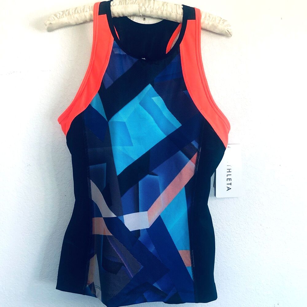 Athleta Bondi Tri Tankini Triathlon Tank Top Navy Orange Size M NWT